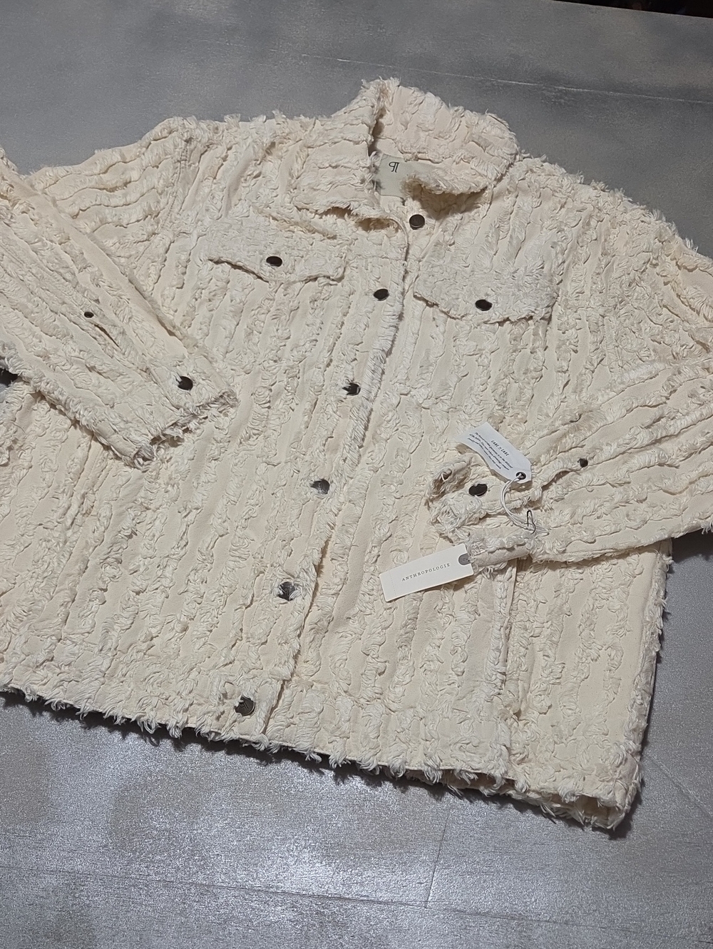 Anthropologie Cream Textured Fringe-Trim Jean Jacket pilco Amazing With All Tags